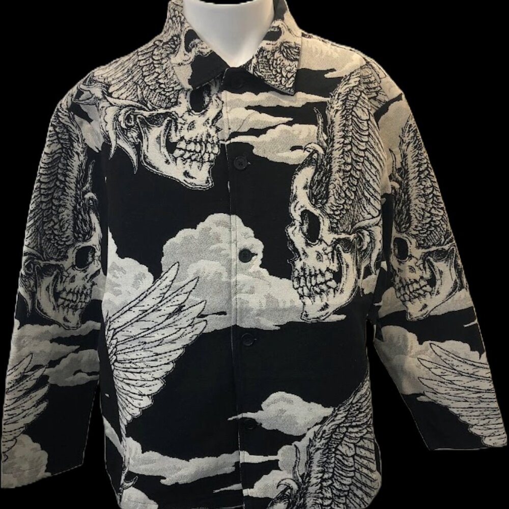 Rebel Vengeance Winged Skull Tapestry Jacket, Gothic Designer Streetwear Art - Picture 4 of 7
